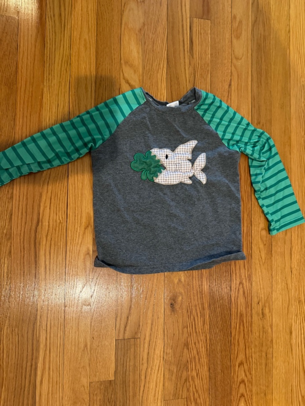 Kids Long Sleeve Raglan Shirt with Shark and Seaweed Applique - Green/Gray